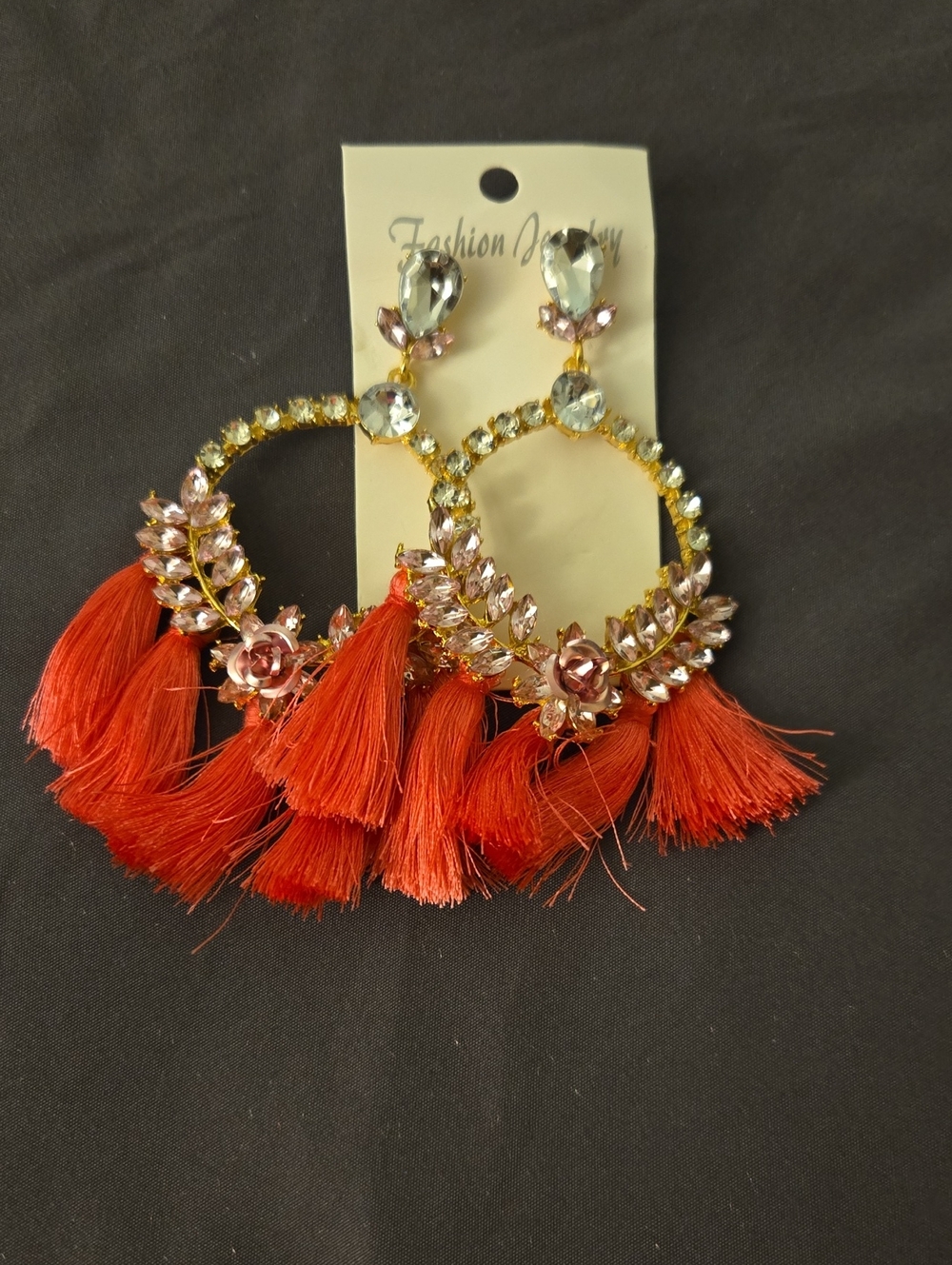 Fashion Jewelry Orange Tassel Hoop Earrings with Pink Crystal Accents